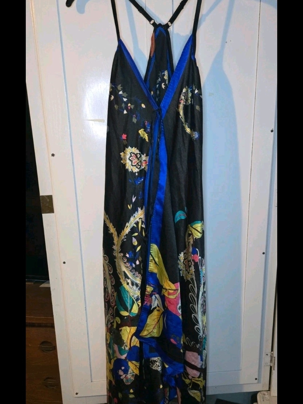 Andrade Maxi Flowy Slip Dress Paisley Botanical Handkerchief Hem Blue Black L